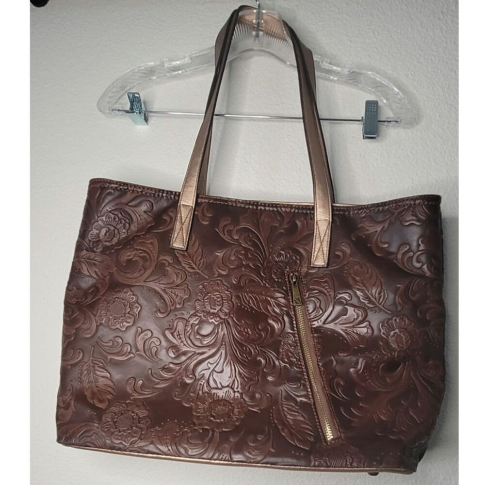Brown Embossed Vegan Leather Carry Bag Metallic Bronze Base Leopard Print Tassel - Picture 5 of 11